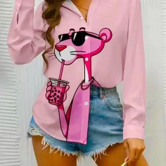 Pink Panther Long Sleeve Button Down Graphic Women's Top Size Small New - Picture 1 of 5